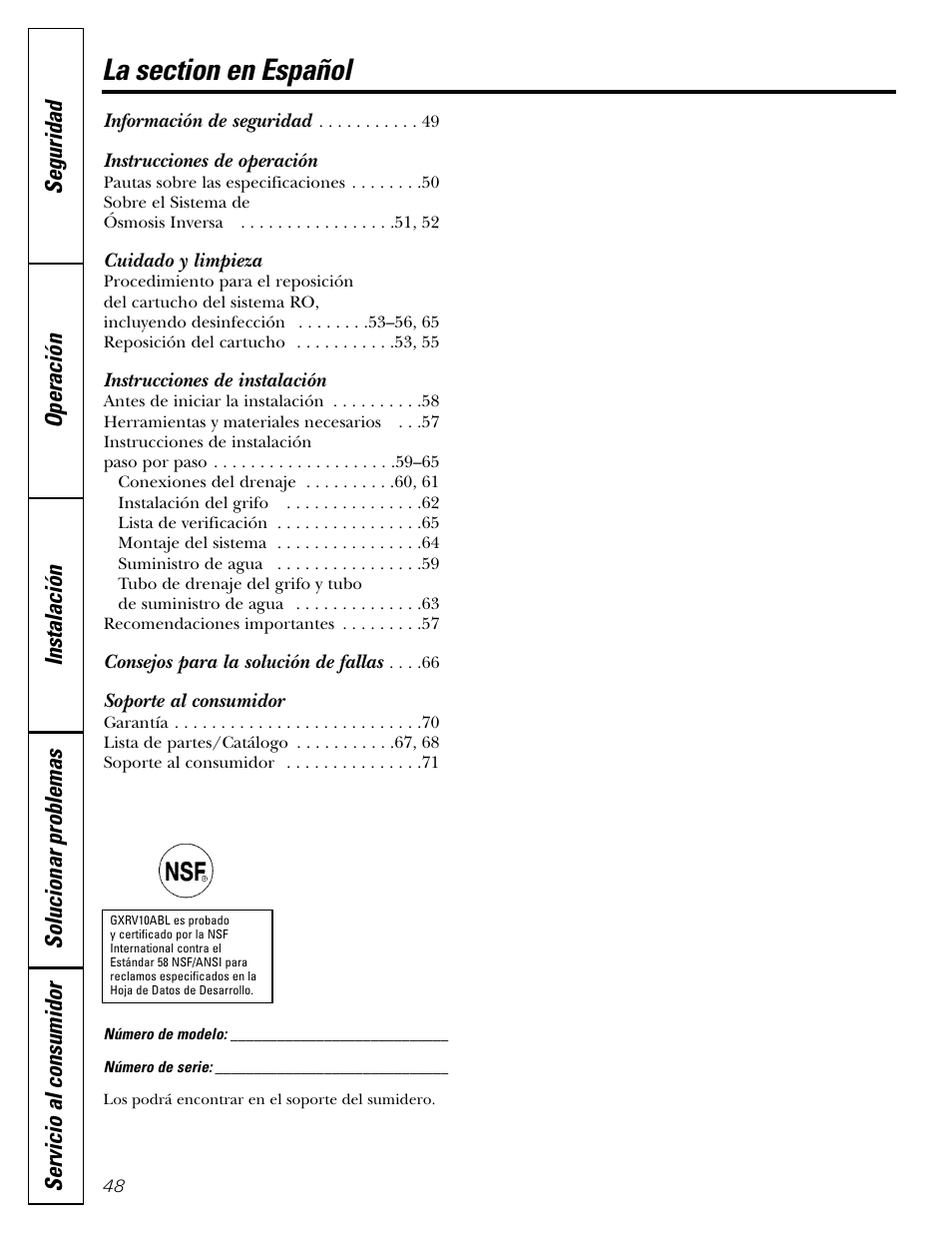 Spanish table of contents, Instrucciones de operación, Cuidado y limpieza | Instrucciones de instalación, Soporte al consumidor | GE GXRV10ABL01 User Manual | Page 48 / 72