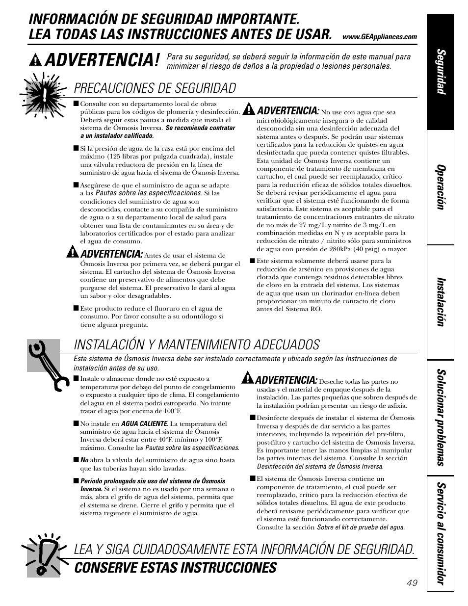 Información de seguridad, Advertencia, Conserve estas instrucciones | GE GXRV10ABL01 User Manual | Page 49 / 72