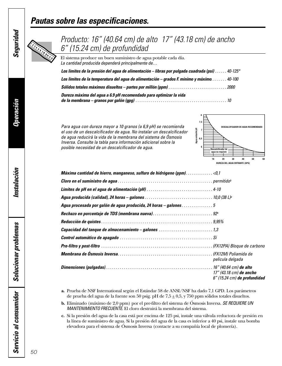 Pautas sobre las especificaciones | GE GXRV10ABL01 User Manual | Page 50 / 72