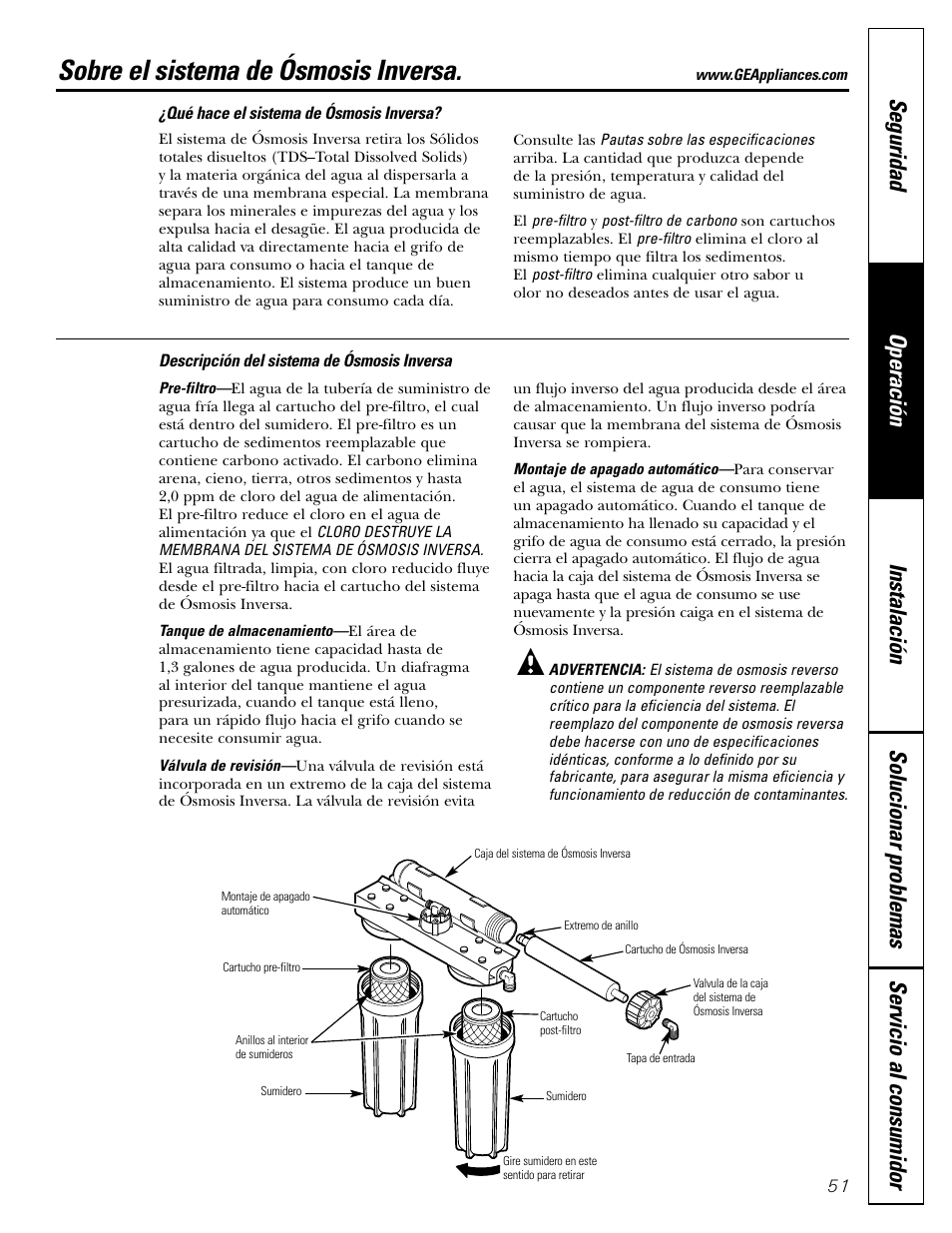 Sobre el sistema de ósmosis inversa, Sobre el sistema de ósmosis inversa , 52 | GE GXRV10ABL01 User Manual | Page 51 / 72