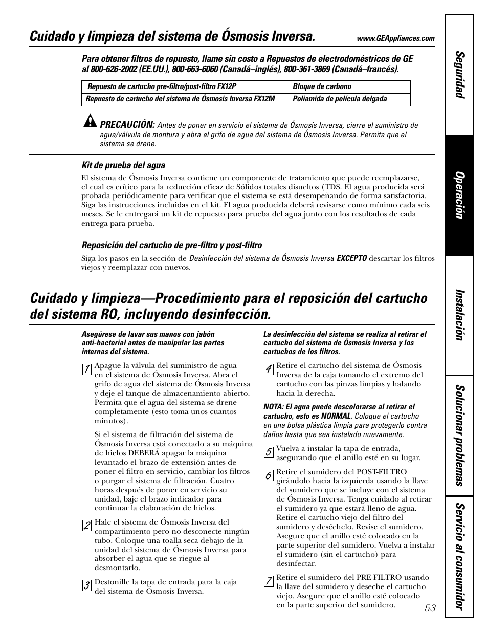 Reposición del cartucho, Cuidado y limpieza del sistema de ósmosis inversa | GE GXRV10ABL01 User Manual | Page 53 / 72