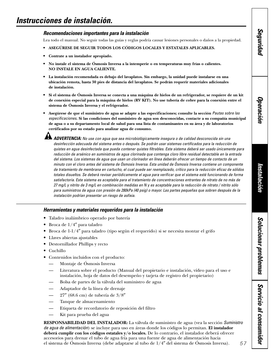 Herramientas y materiales necesarios, Recomendaciones importantes, Instrucciones de instalación | GE GXRV10ABL01 User Manual | Page 57 / 72