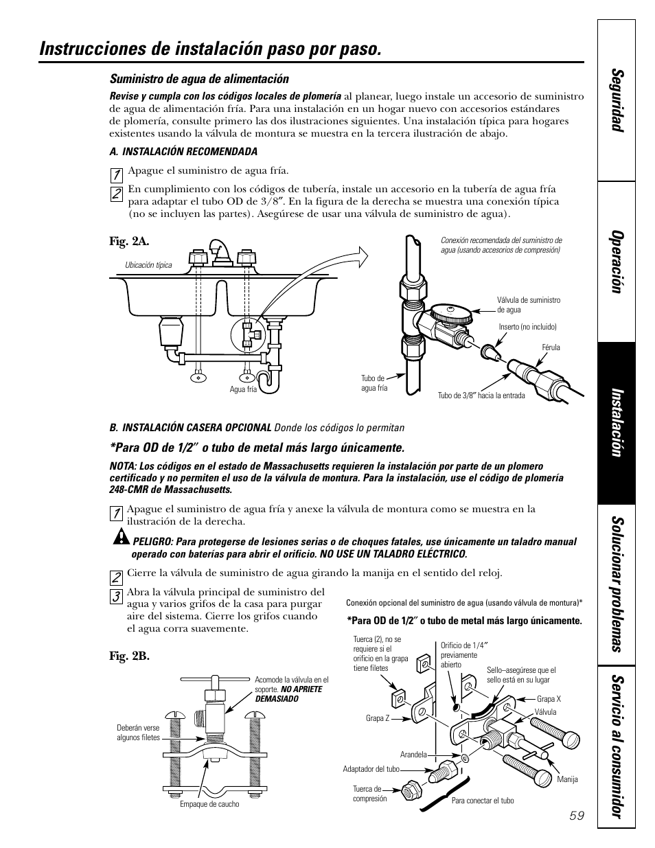 Instrucciones de instalación paso por paso, Suministro de agua, Instrucciones de instalación paso por paso –65 | GE GXRV10ABL01 User Manual | Page 59 / 72