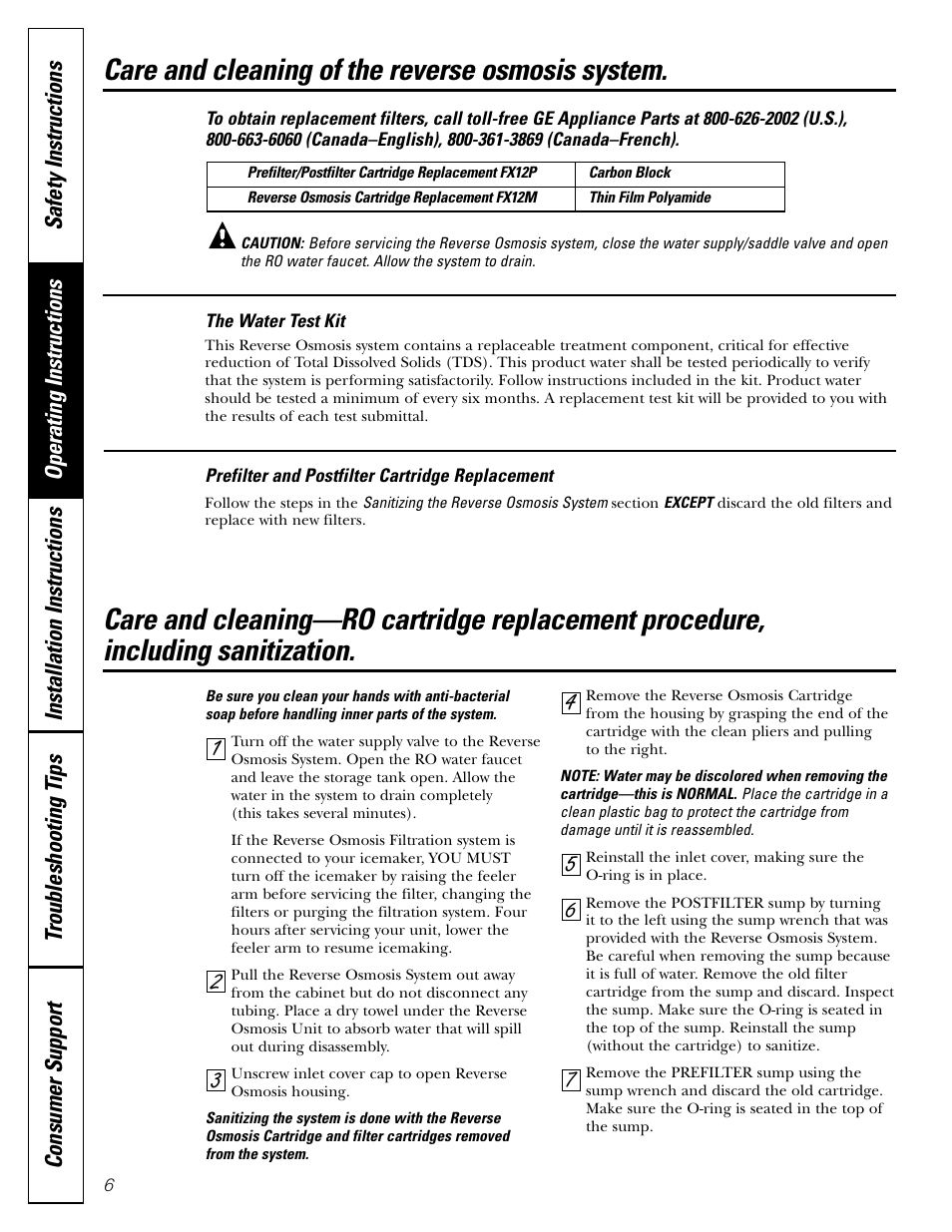 Cartridge replacement, Care and cleaning of the reverse osmosis system | GE GXRV10ABL01 User Manual | Page 6 / 72