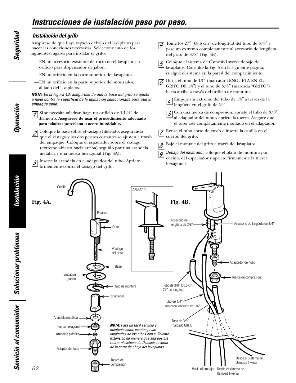 Instalación del grifo, Instrucciones de instalación paso por paso | GE GXRV10ABL01 User Manual | Page 62 / 72