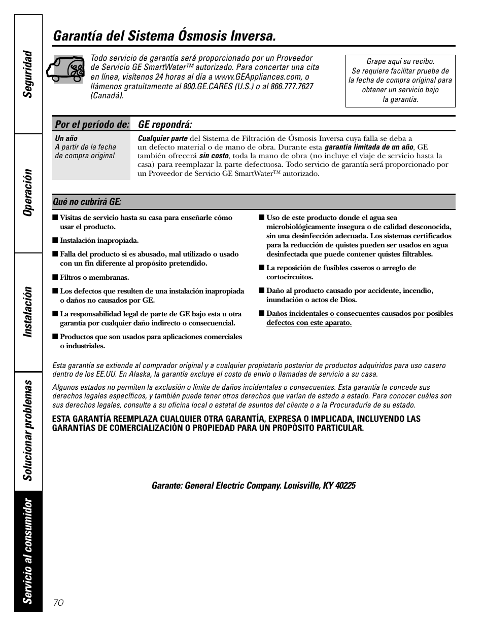 Garantía, Garantía del sistema ósmosis inversa | GE GXRV10ABL01 User Manual | Page 70 / 72