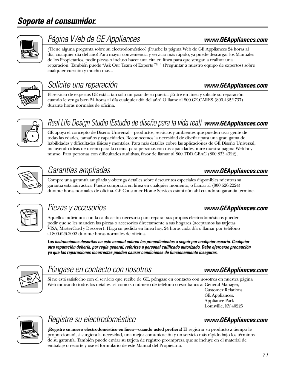 Soporte al consumidor, Soporte al consumidor. página web de ge appliances, Solicite una reparación | Garantías ampliadas, Piezas y accesorios, Póngase en contacto con nosotros, Registre su electrodoméstico | GE GXRV10ABL01 User Manual | Page 71 / 72