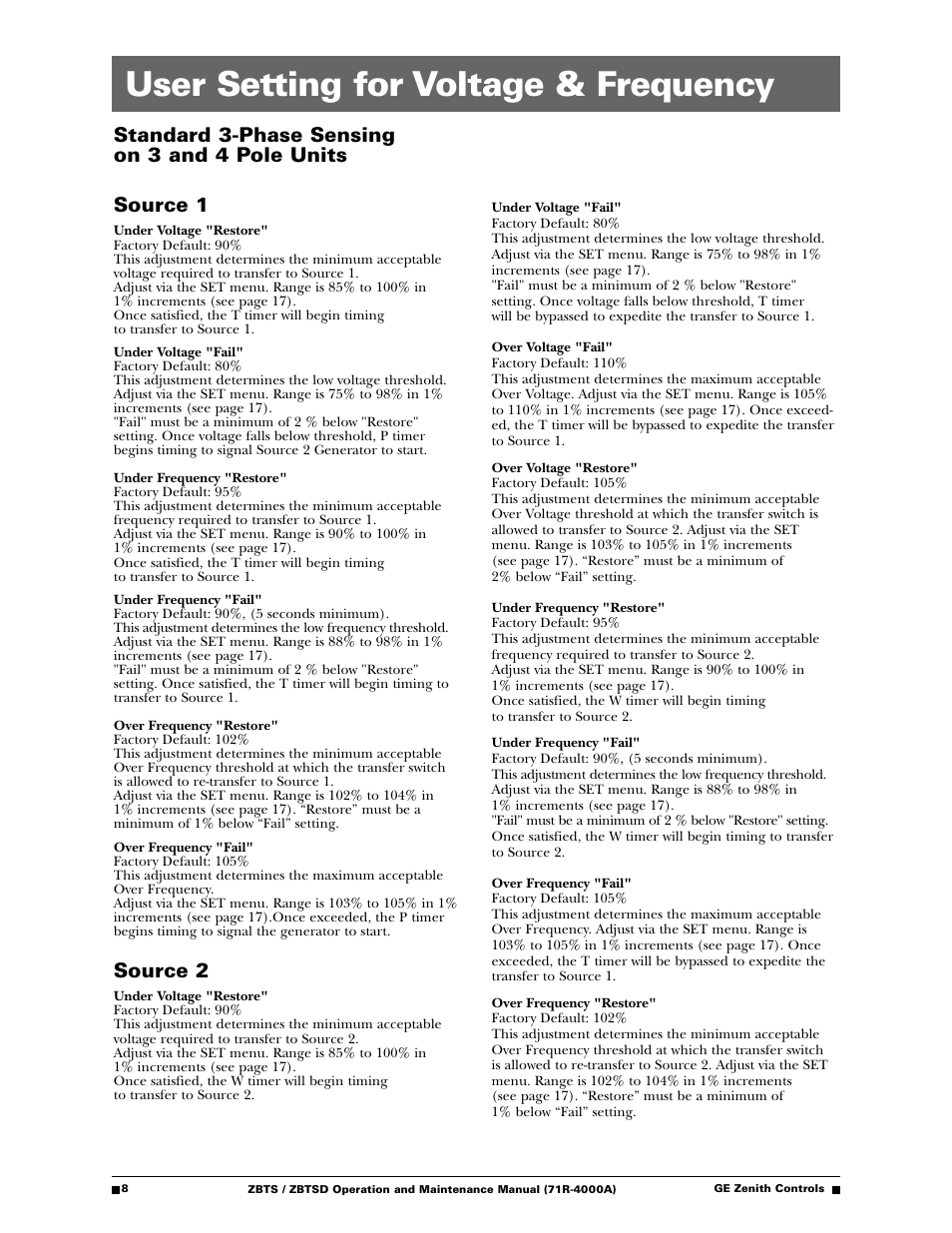 User setting for voltage & frequency, Source 2 | GE ZBTSD User Manual | Page 10 / 32