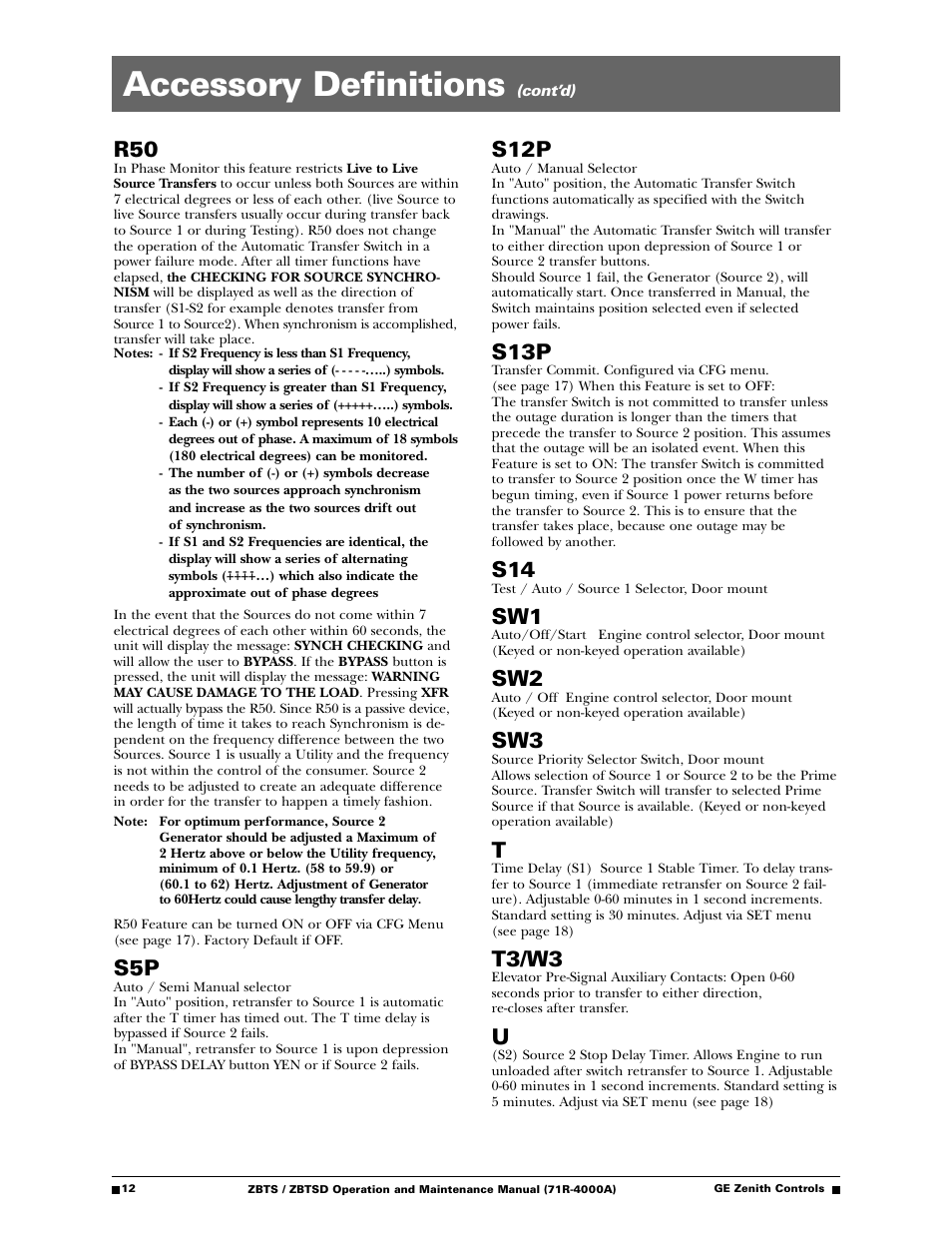 Accessory definitions, S12p, S13p | T3/w3 | GE ZBTSD User Manual | Page 14 / 32