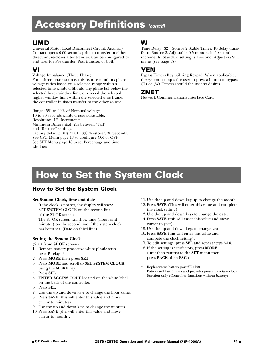 Accessory definitions, How to set the system clock, Znet | GE ZBTSD User Manual | Page 15 / 32