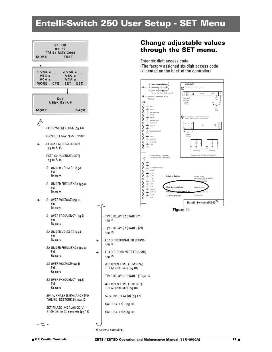 Entelli-switch 250 user setup - set menu, Change adjustable values through the set menu, Figure 11 | Ge zenith controls 17, Entelli-switch mx250 | GE ZBTSD User Manual | Page 19 / 32