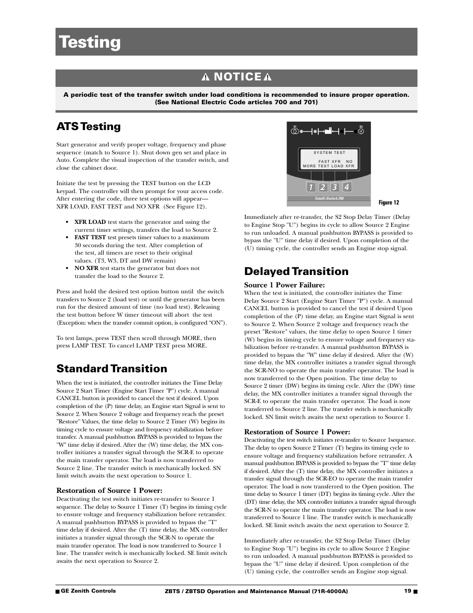 Testing, Ats testing, Standard transition | Delayed transition, Notice | GE ZBTSD User Manual | Page 21 / 32