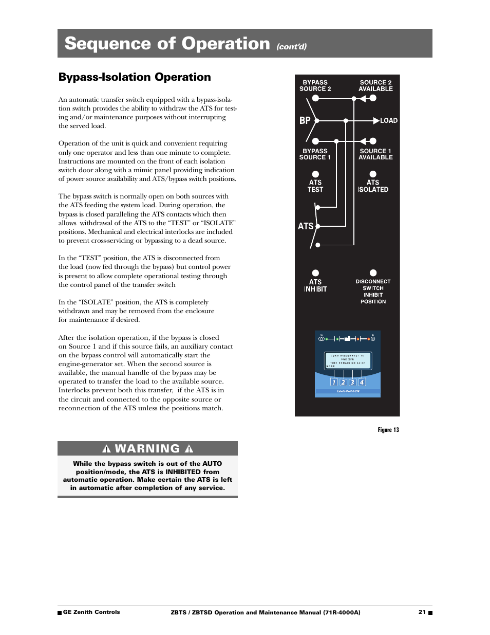 Sequence of operation, Bypass-isolation operation, Warning | GE ZBTSD User Manual | Page 23 / 32