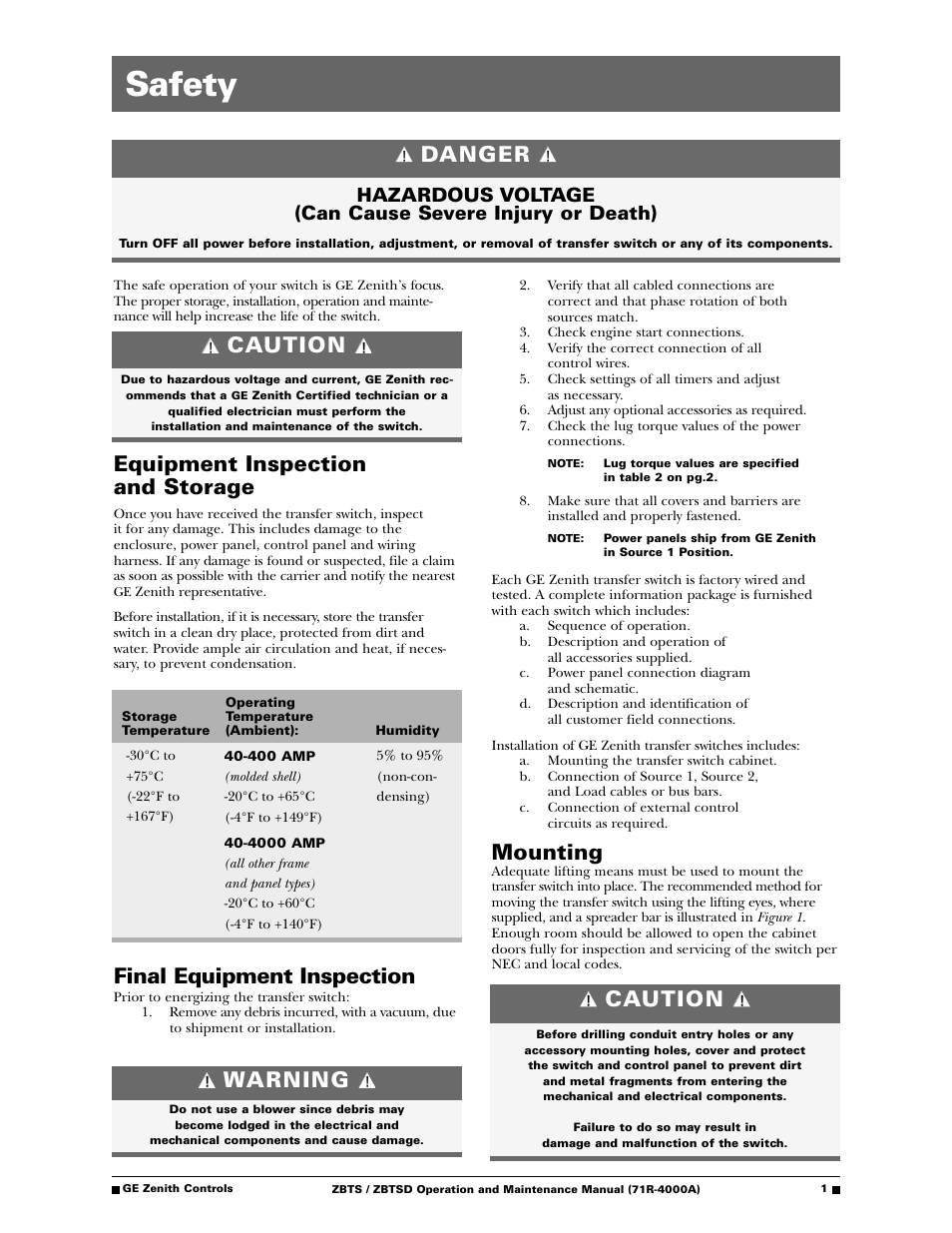 Safety, Mounting, Equipment inspection and storage | Final equipment inspection, Danger, Caution, Warning | GE ZBTSD User Manual | Page 3 / 32