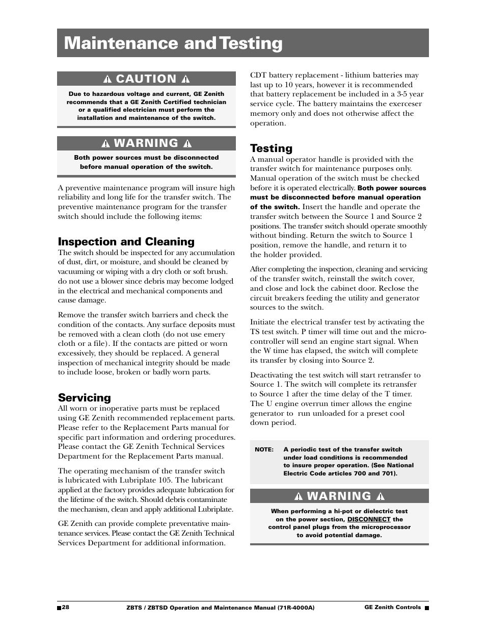 Maintenance and testing, Inspection and cleaning, Servicing | Testing, Caution, Warning | GE ZBTSD User Manual | Page 30 / 32