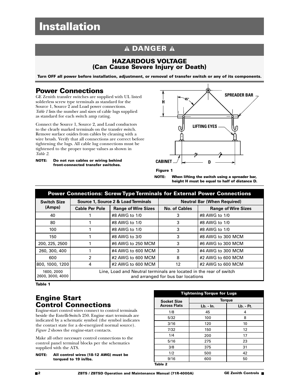 Installation, Power connections, Engine start control connections | Danger | GE ZBTSD User Manual | Page 4 / 32