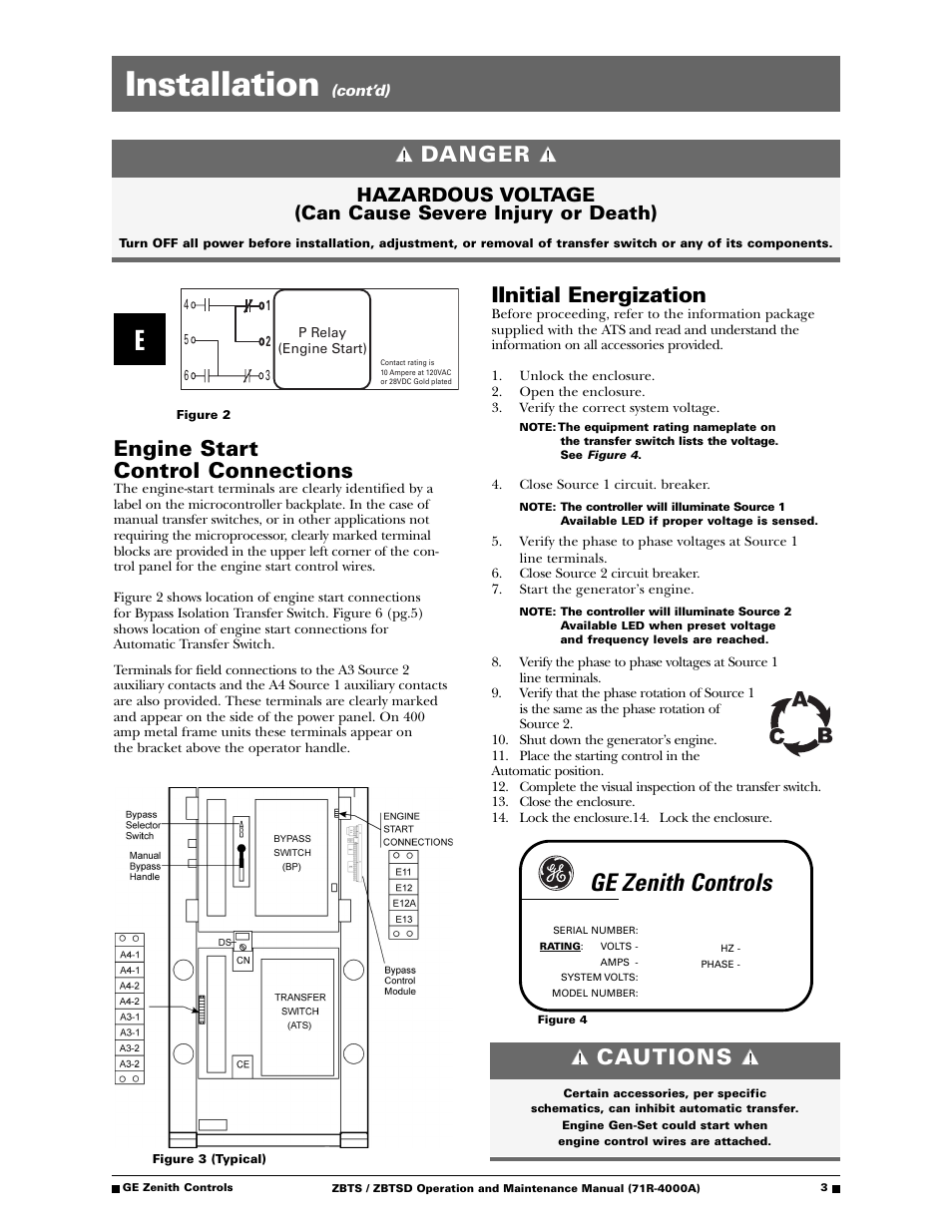 Installation, Ge zenith controls, Engine start control connections | Iinitial energization, Danger, Cautions | GE ZBTSD User Manual | Page 5 / 32