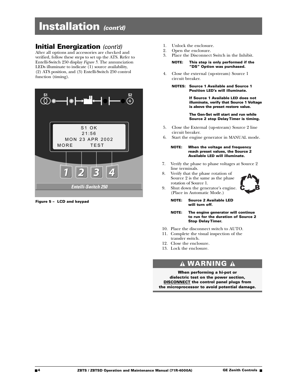 Installation, Initial energization, Warning | Cont’d) | GE ZBTSD User Manual | Page 6 / 32