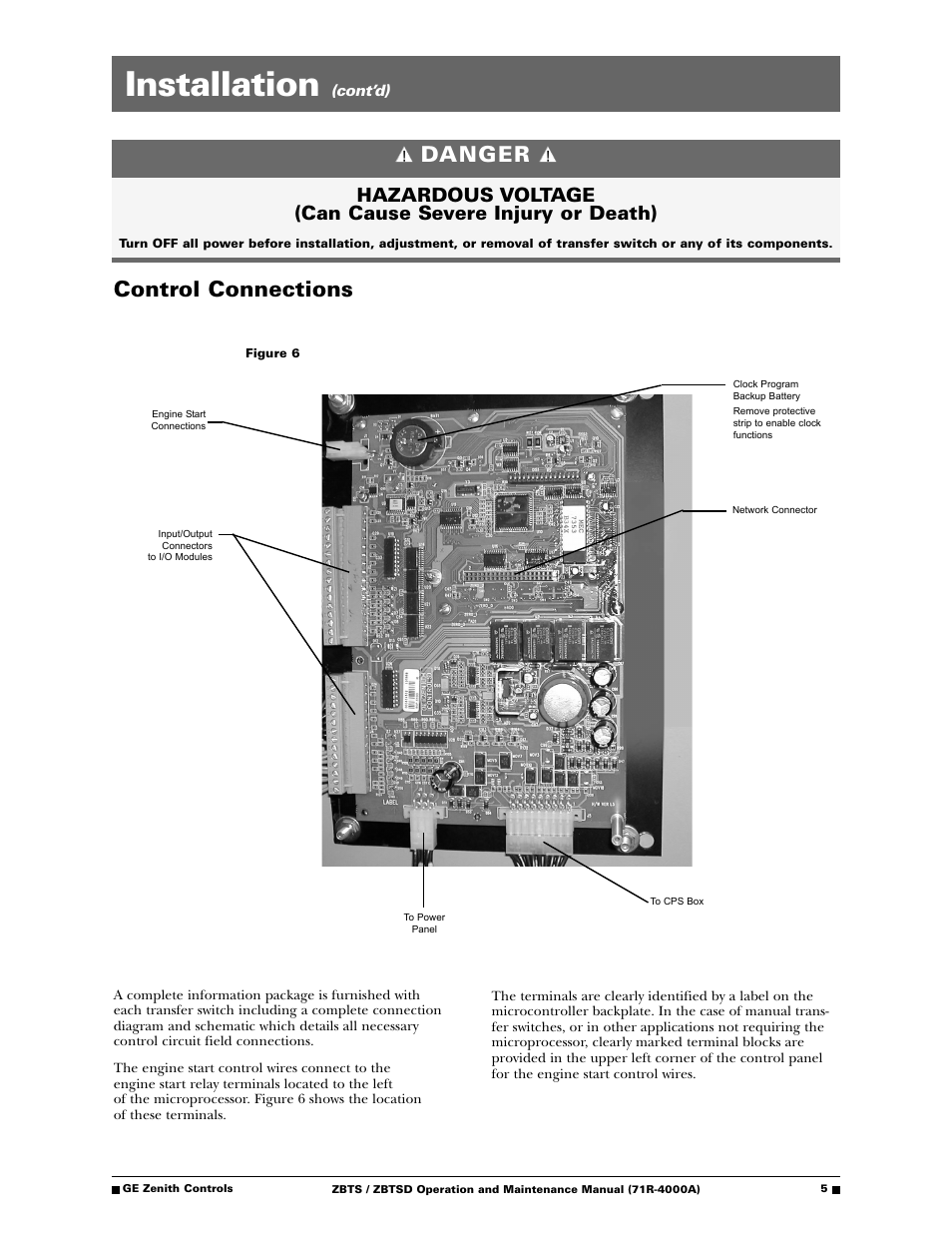 Installation, Control connections, Danger | GE ZBTSD User Manual | Page 7 / 32