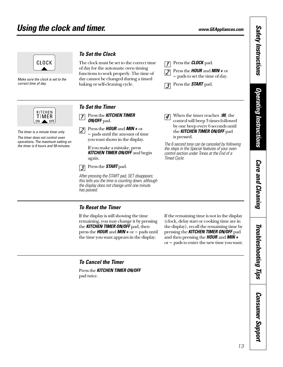 Clock and timer, Using the clock and timer | GE JKP45  EN User Manual | Page 13 / 28