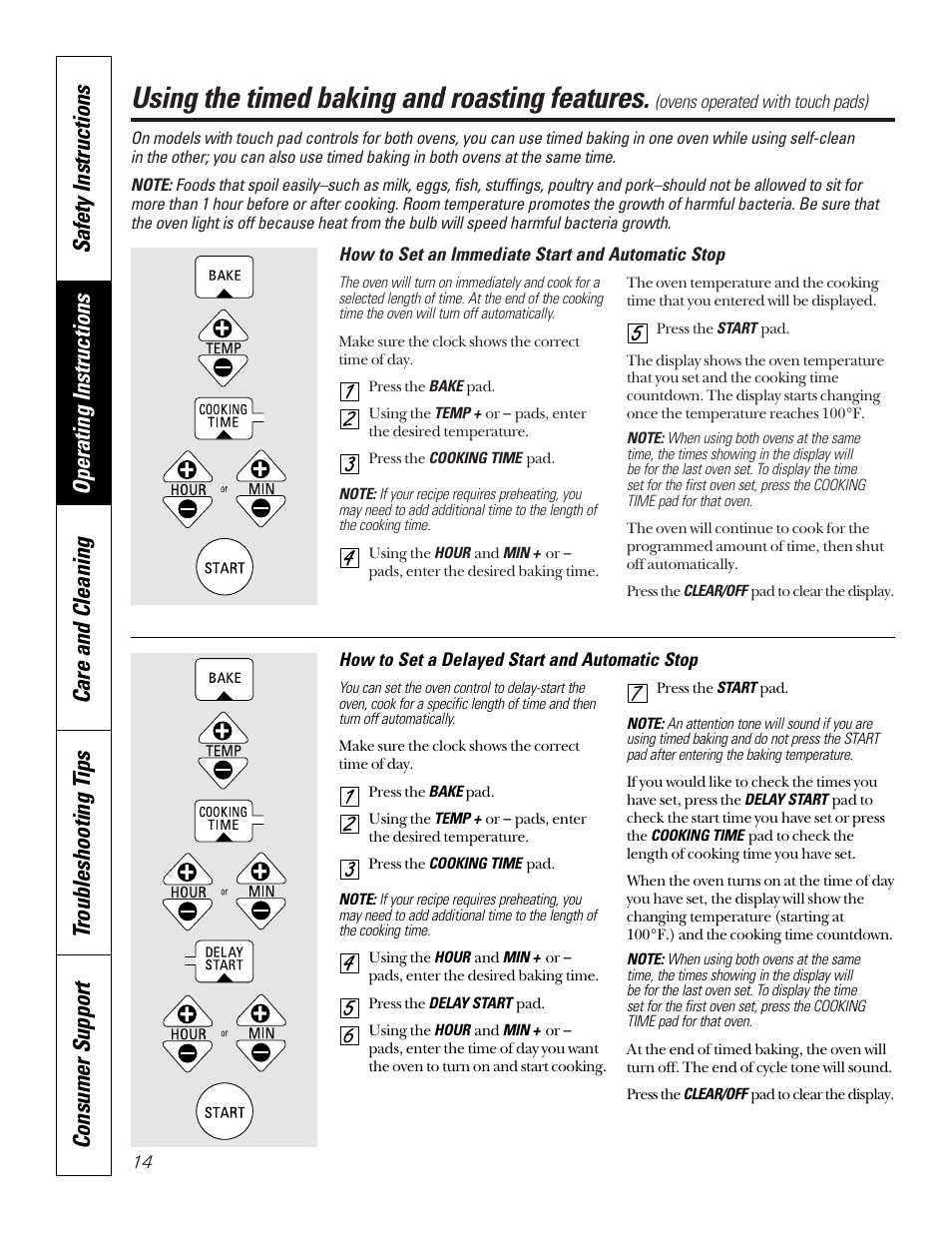 Timed baking and roasting, Timed baking and, Roasting | Using the timed baking and roasting features | GE JKP45  EN User Manual | Page 14 / 28