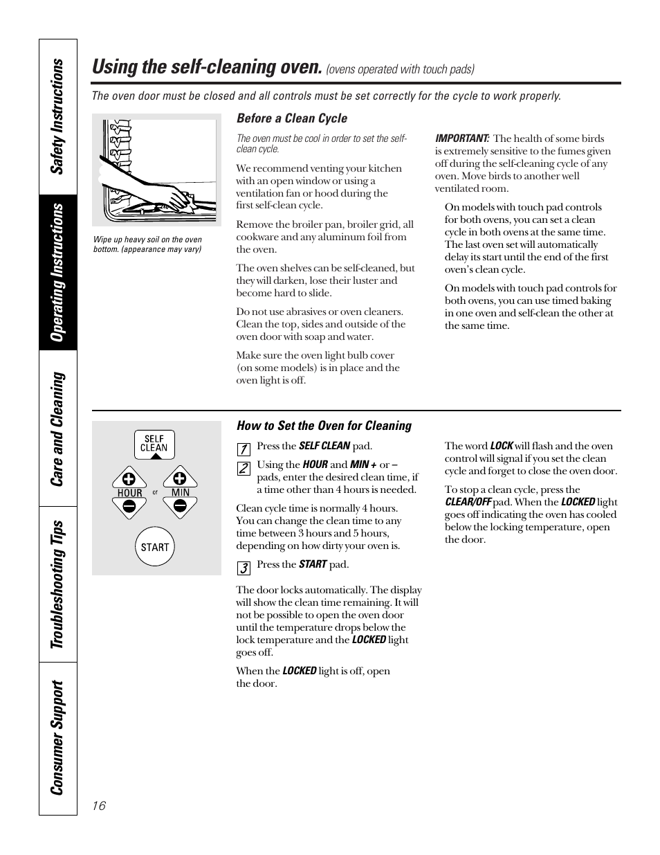 Self-cleaning, Self-cleaning , 17, Using the self-cleaning oven | GE JKP45  EN User Manual | Page 16 / 28