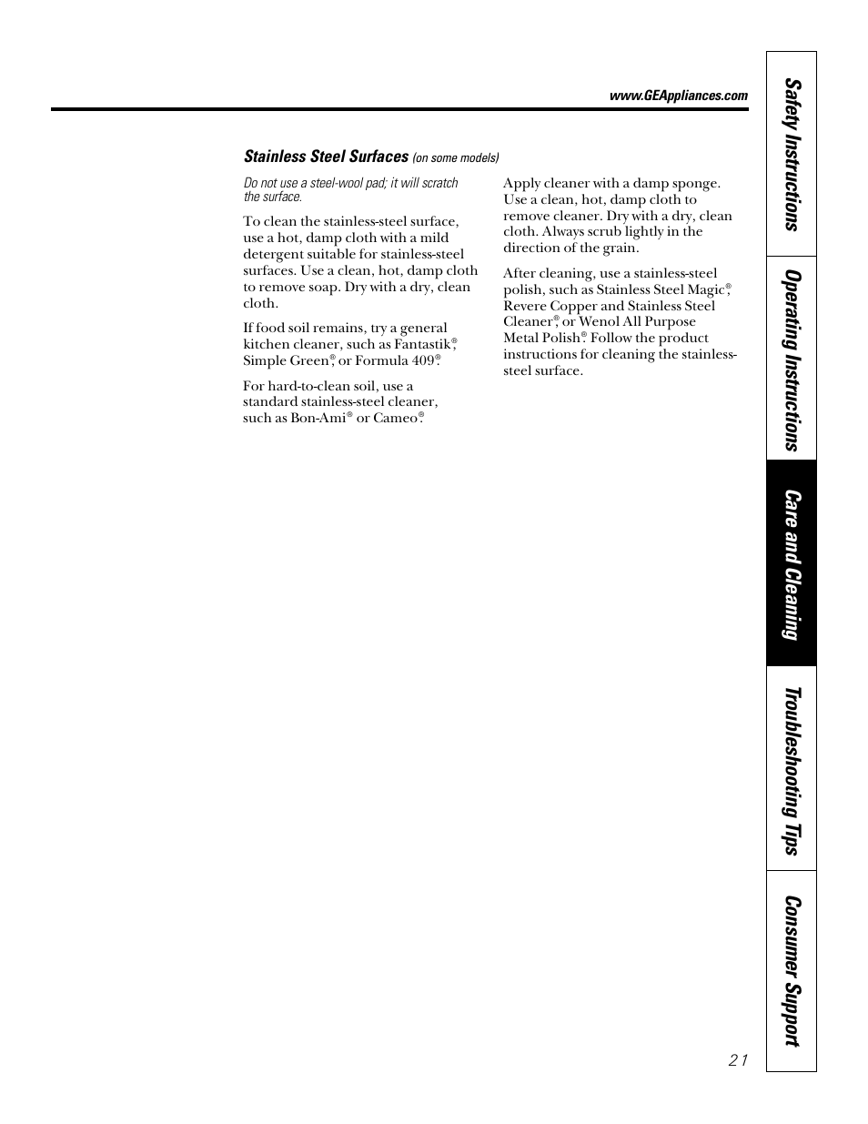 Stainless steel surfaces | GE JKP45  EN User Manual | Page 21 / 28