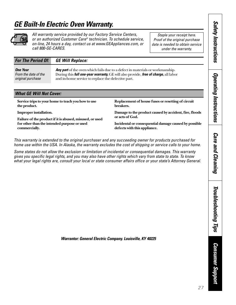 Warranty, Ge built-in electric oven warranty | GE JKP45  EN User Manual | Page 27 / 28
