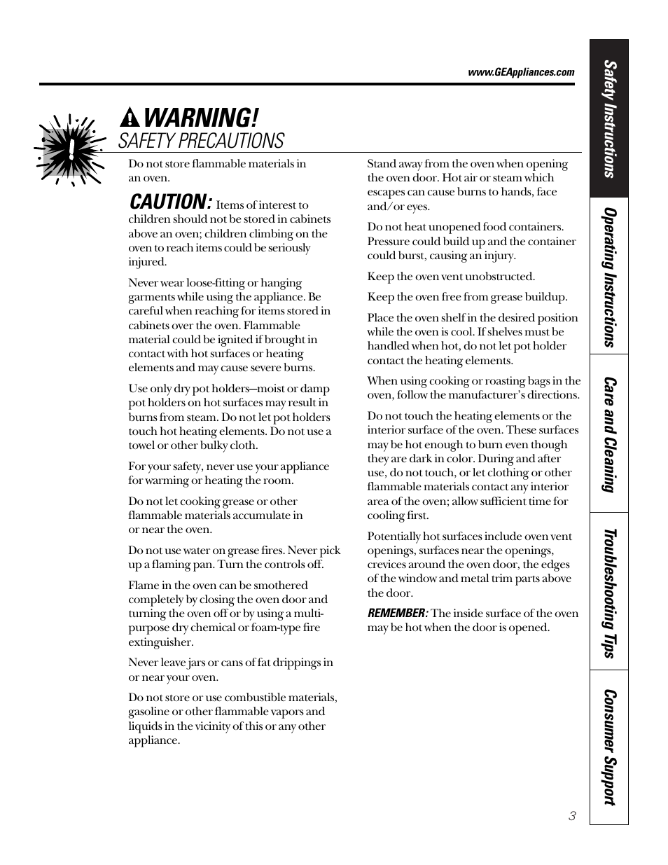 Warning, Caution, Safety precautions | GE JKP45  EN User Manual | Page 3 / 28