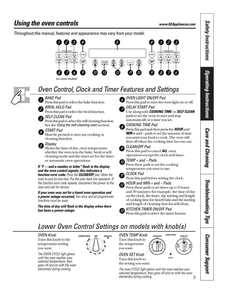 Oven, Oven –17, Using the oven controls | Lower oven control settings on models with knob(s) | GE JKP45  EN User Manual | Page 5 / 28