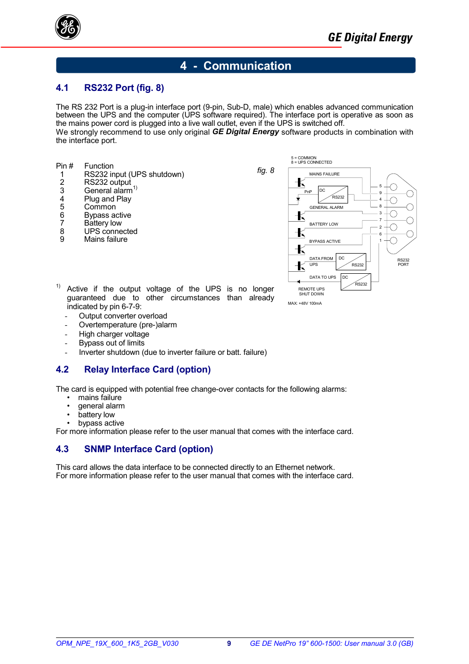 Ge digital energy, 4 - communication, 2 relay interface card (option) | 3 snmp interface card (option) | GE 600 - 1500 VA User Manual | Page 10 / 14