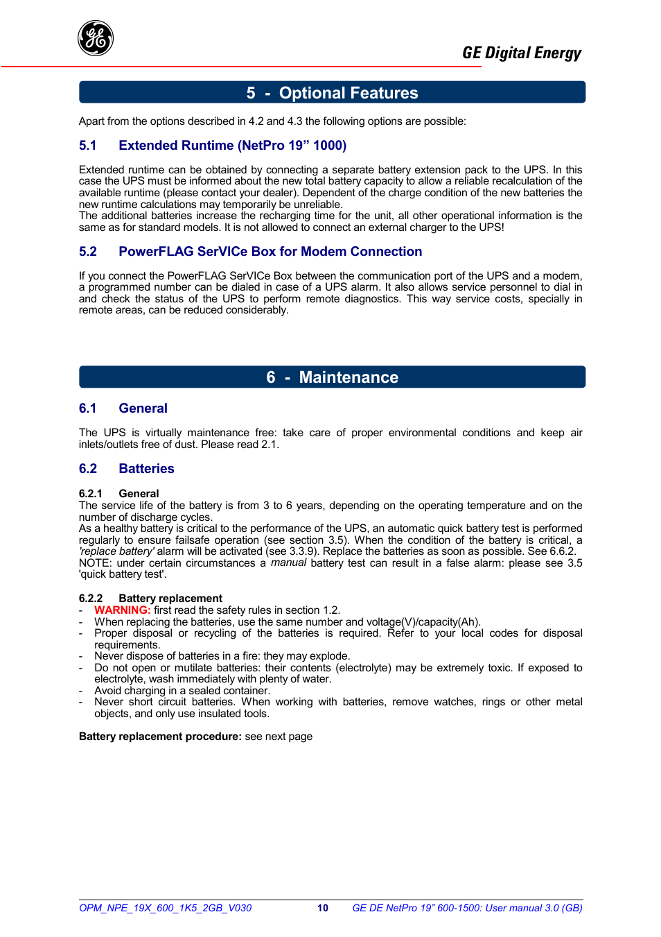 Ge digital energy, 5 - optional features 6 - maintenance | GE 600 - 1500 VA User Manual | Page 11 / 14