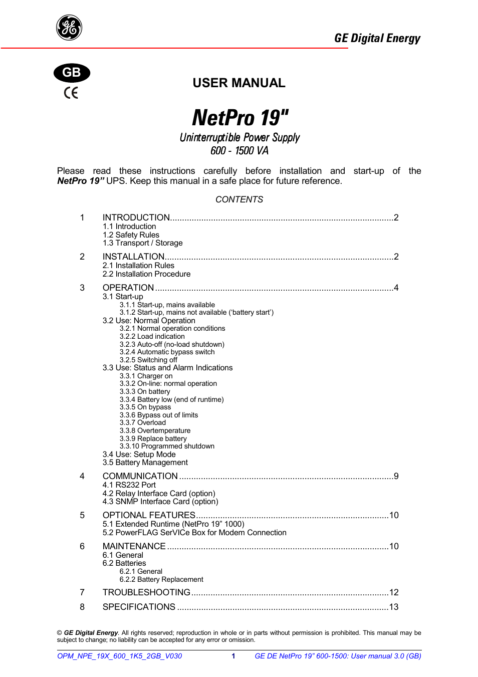 Netpro 19, User manual, Ge digital energy | Uninterruptible power supply | GE 600 - 1500 VA User Manual | Page 2 / 14