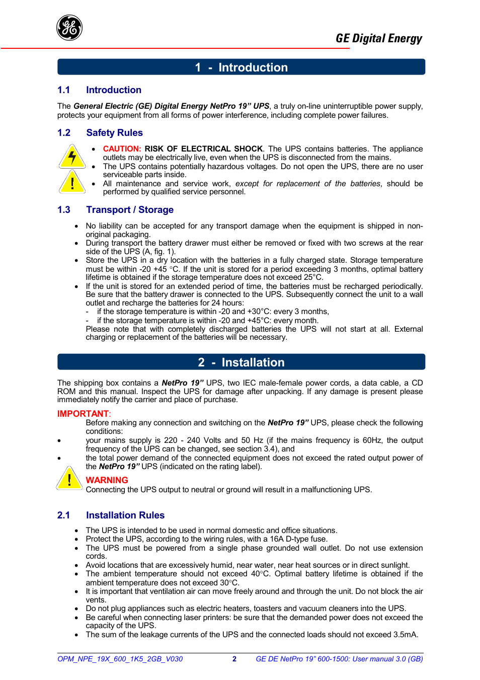 Warning, Ge digital energy, 1 - introduction 2 - installation | GE 600 - 1500 VA User Manual | Page 3 / 14