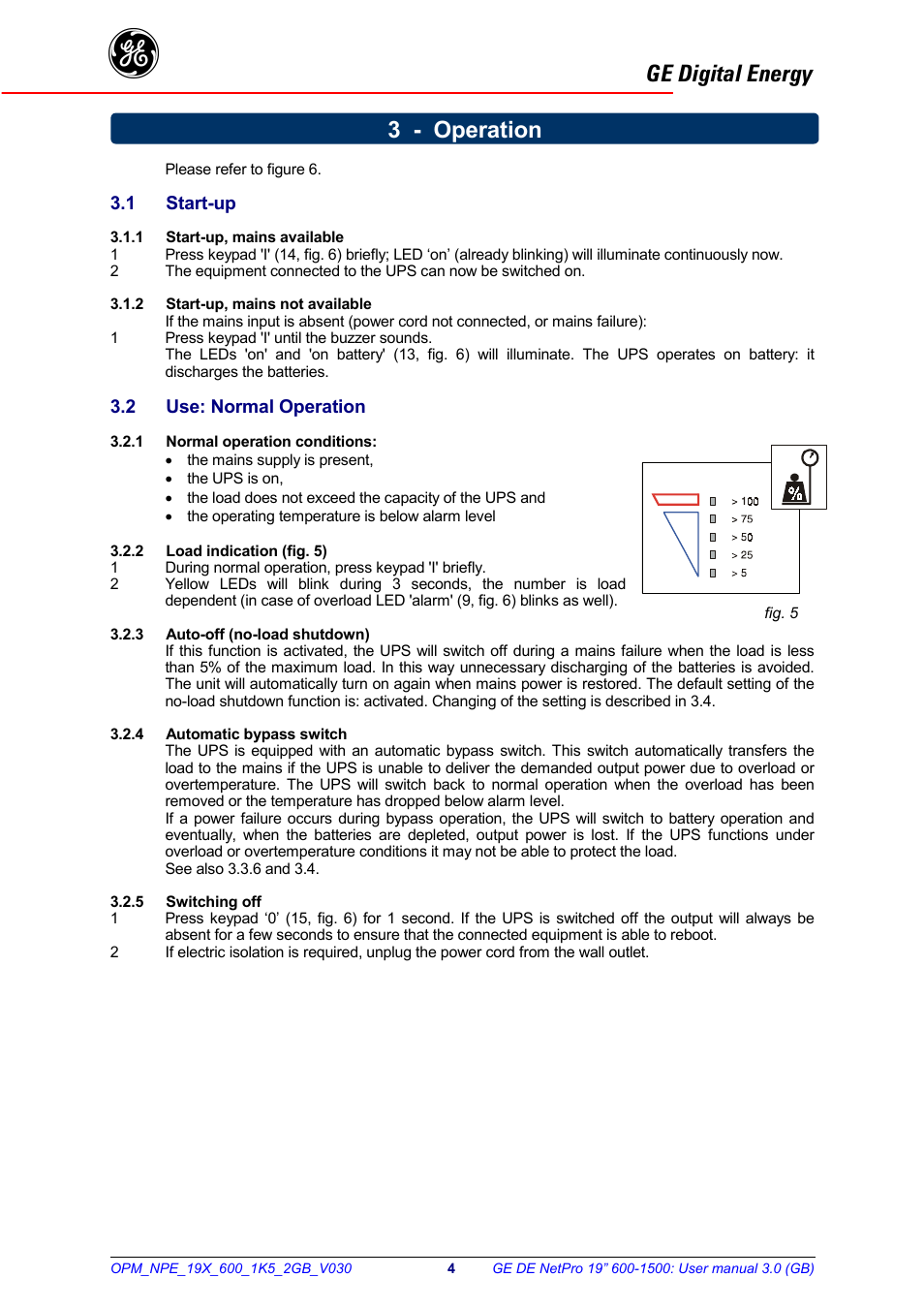 Ge digital energy, 3 - operation | GE 600 - 1500 VA User Manual | Page 5 / 14