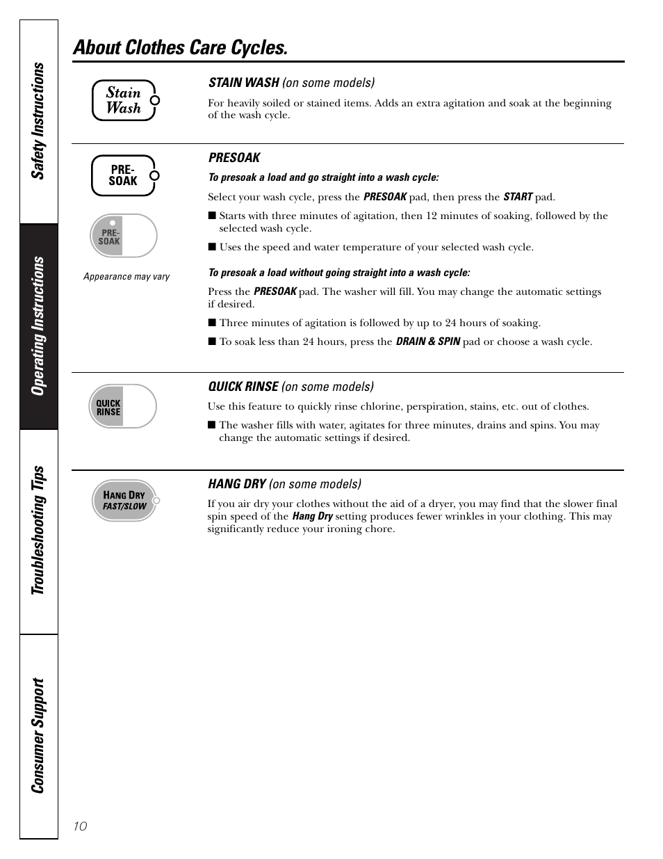 About clothes care cycles | GE S8000 User Manual | Page 10 / 24