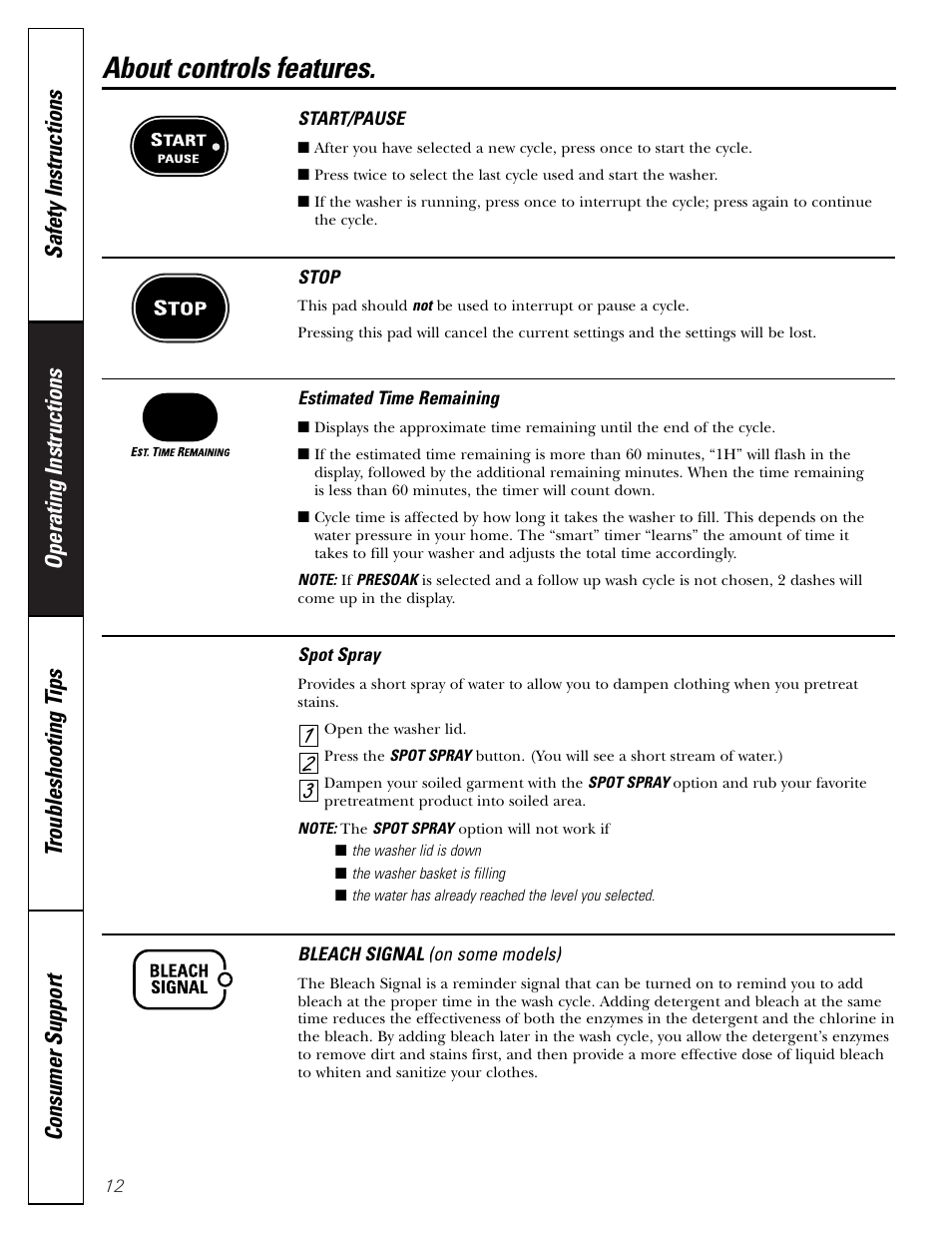 About controls features | GE S8000 User Manual | Page 12 / 24