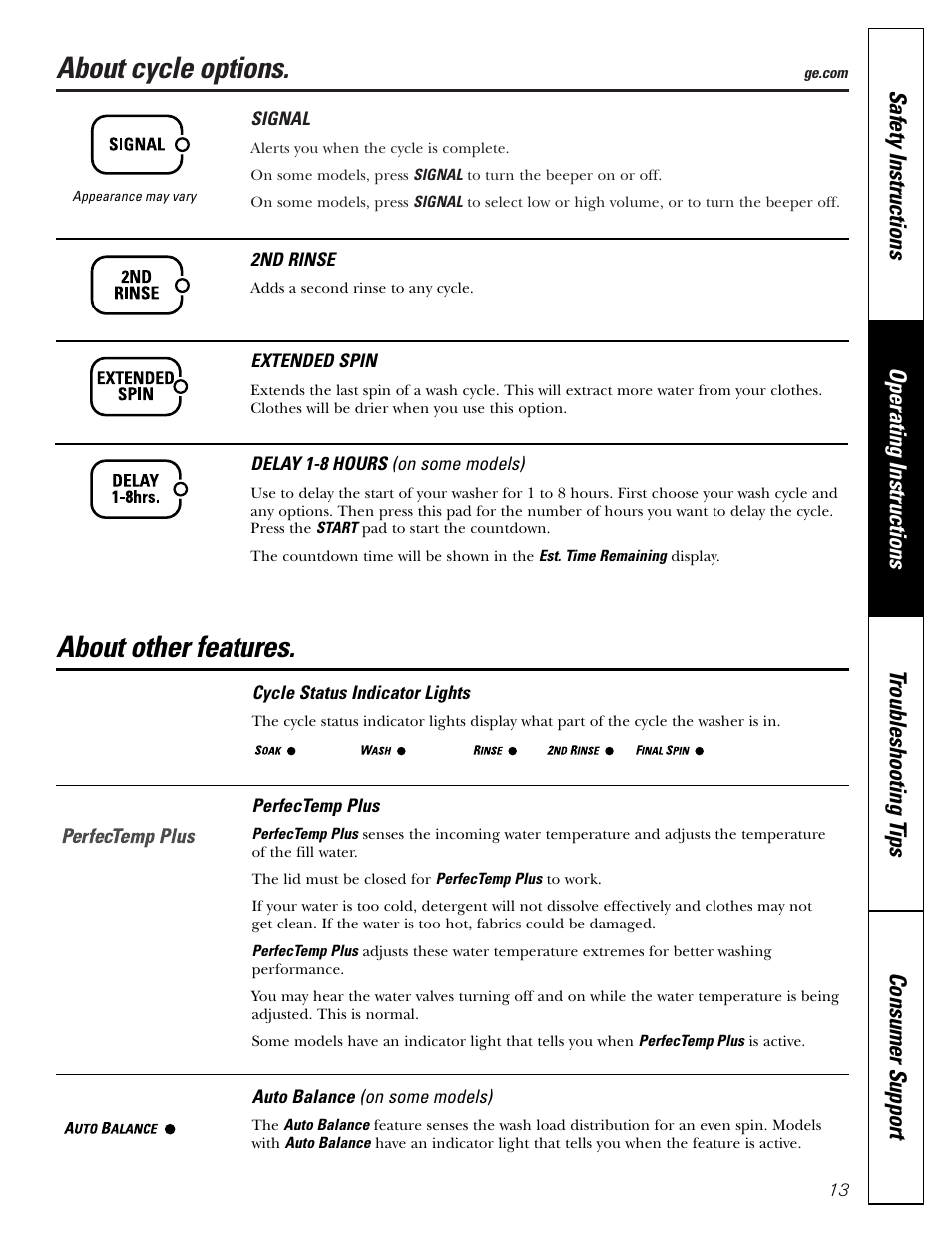 Features, About cycle options, About other features | GE S8000 User Manual | Page 13 / 24