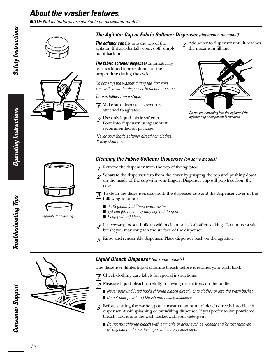 About the washer features | GE S8000 User Manual | Page 14 / 24