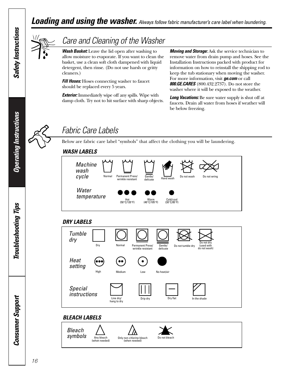 Care and cleaning of the washer, Fabric care labels, Loading and using the washer | Machine wash cycle, Water temperature, Tumble dry, Heat setting, Special instructions, Bleach symbols, Wash labels dry labels bleach labels | GE S8000 User Manual | Page 16 / 24