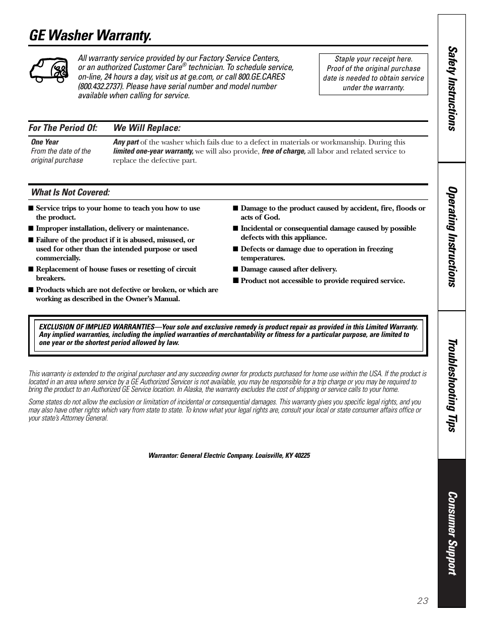 Consumer support, Warranty, Ge washer warranty | GE S8000 User Manual | Page 23 / 24