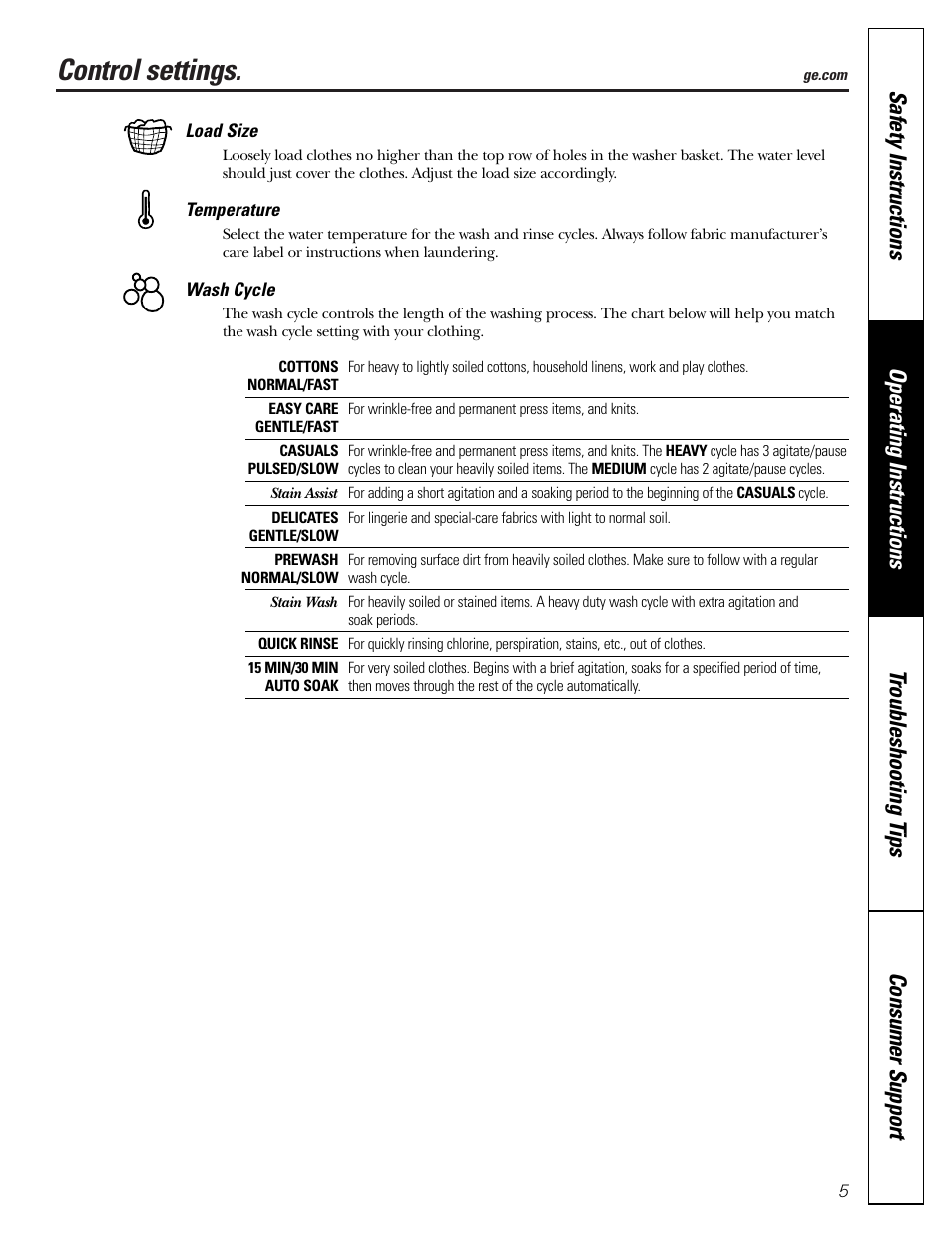 Control settings | GE S8000 User Manual | Page 5 / 24