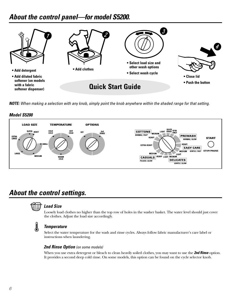 Control panel and settings for model s5200, About the control settings | GE S8000 User Manual | Page 6 / 24