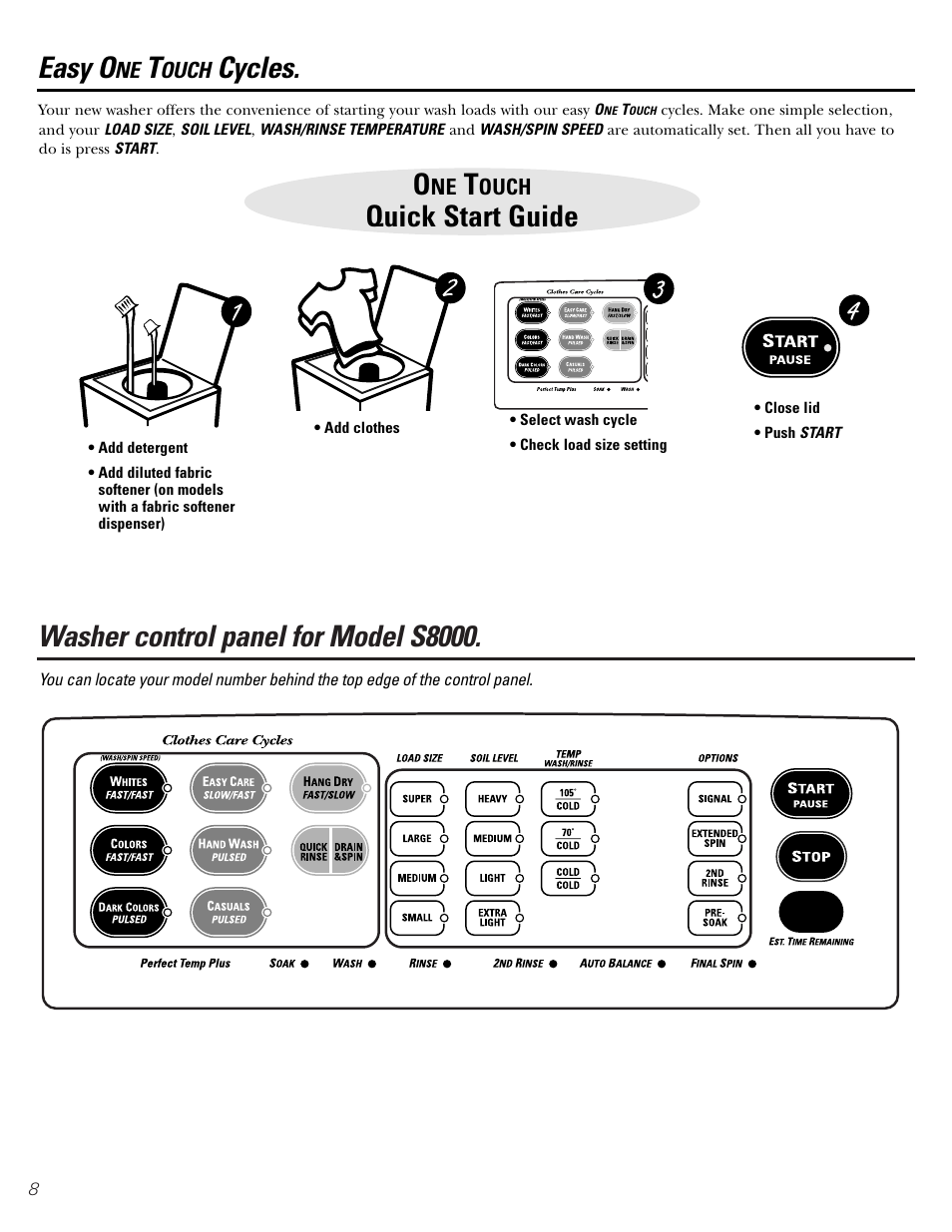 Control panels and settings for model s8000, Washer control panel for model s8000, Quick start guide | Easy o, Cycles | GE S8000 User Manual | Page 8 / 24