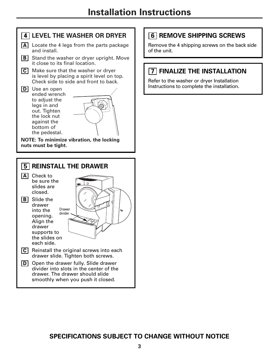 Level the washer or dryer, Reinstall the drawer, Remove shipping screws | Finalize the installation, Installation instructions | GE SBSD227 User Manual | Page 3 / 12