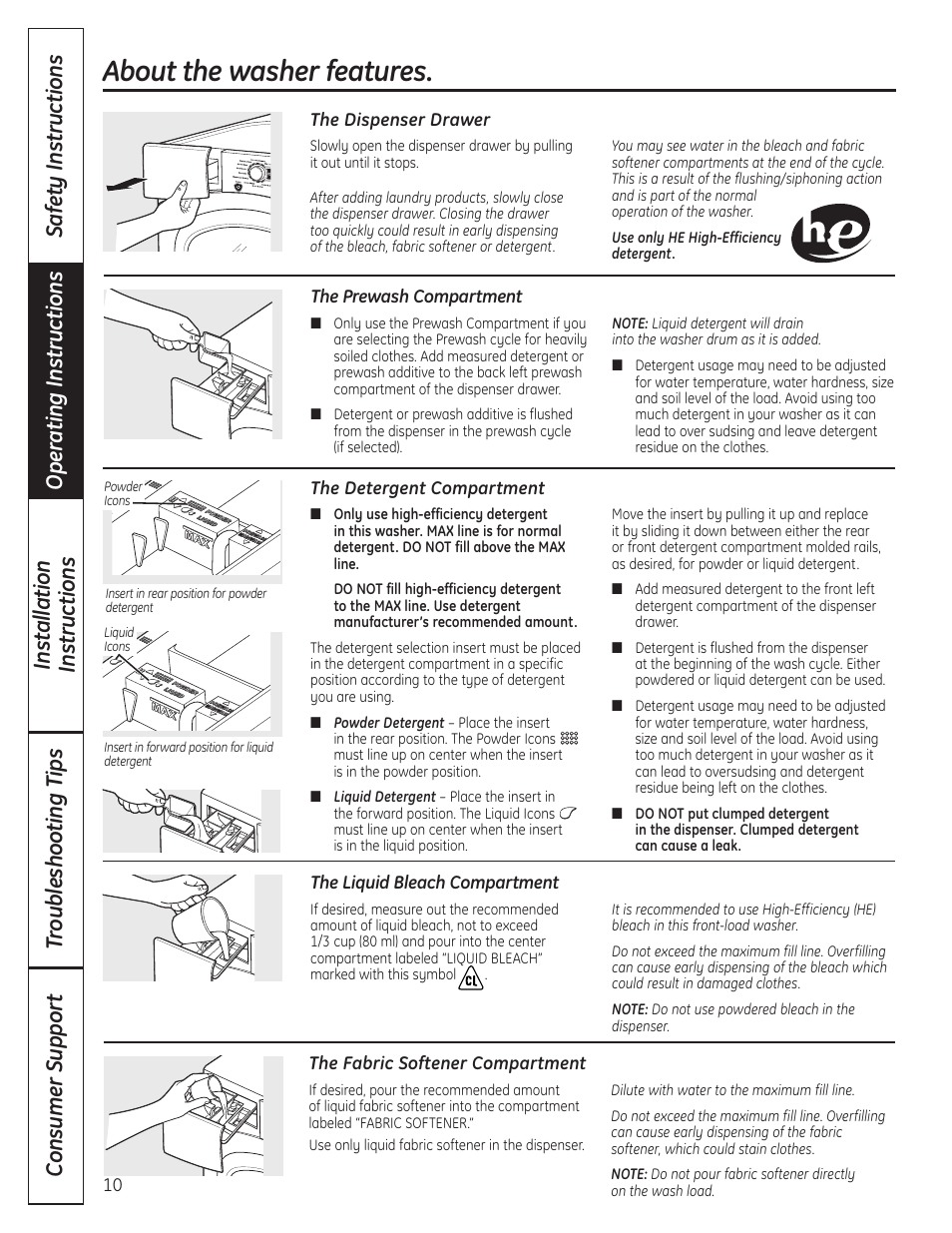 Features, About the washer features | GE Profile WPDH8910K User Manual | Page 10 / 84