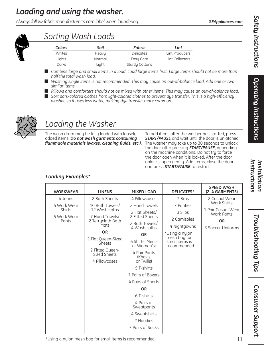 Loading and using the washer, Loading and using the washer –14, Sorting wash loads loading the washer | GE Profile WPDH8910K User Manual | Page 11 / 84