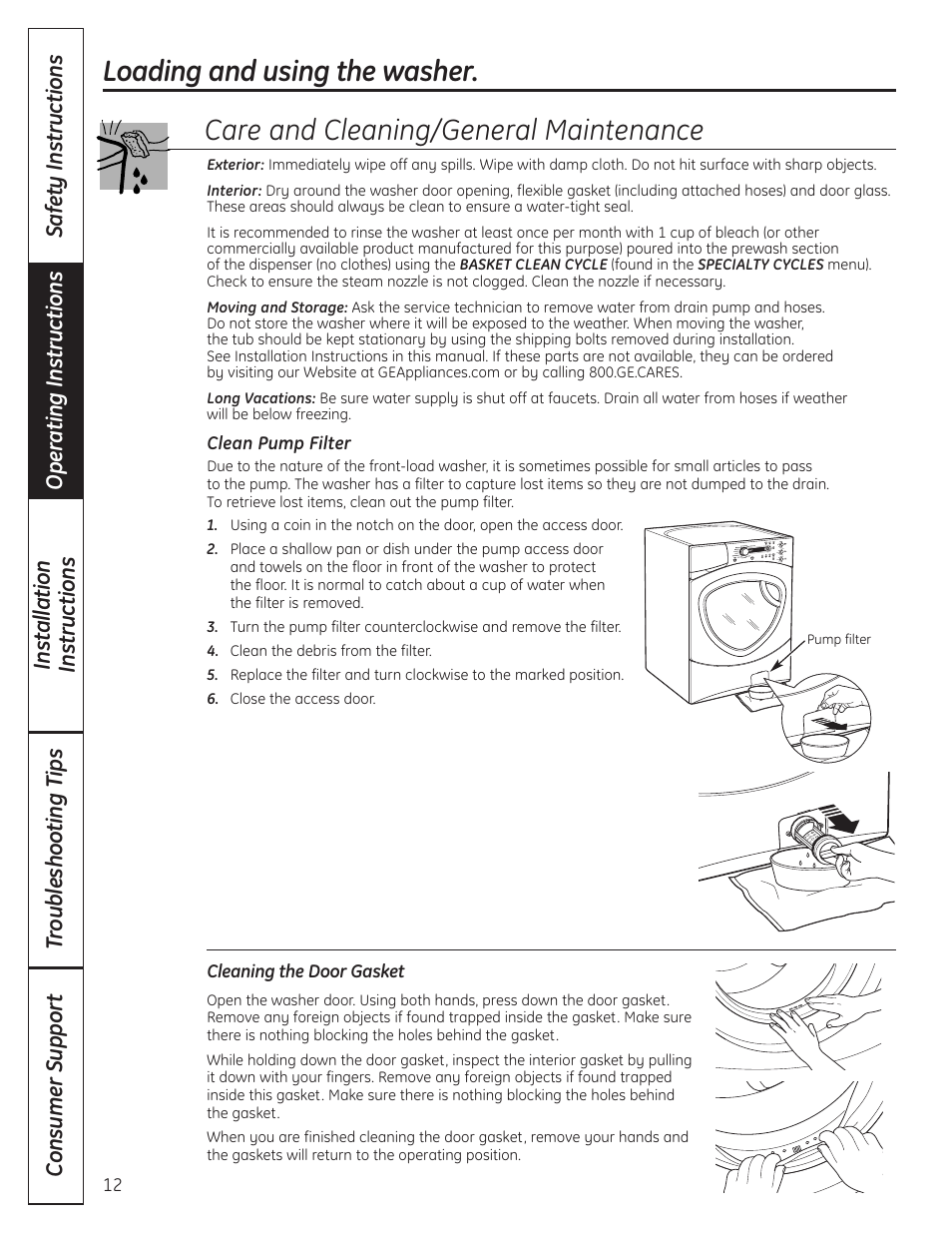 Care and cleaning/general maintenance, Loading and using the washer | GE Profile WPDH8910K User Manual | Page 12 / 84