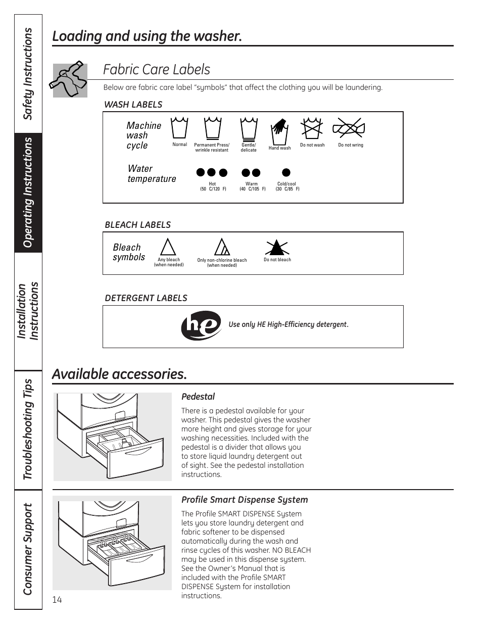 Available accessories, Loading and using the washer. fabric care labels | GE Profile WPDH8910K User Manual | Page 14 / 84