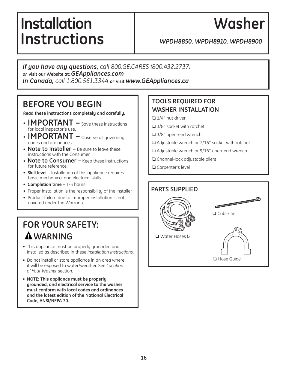 Installation instructions, Preparing to install your washer, Installation washer instructions | Before you begin, For your safety, Important, Warning | GE Profile WPDH8910K User Manual | Page 16 / 84